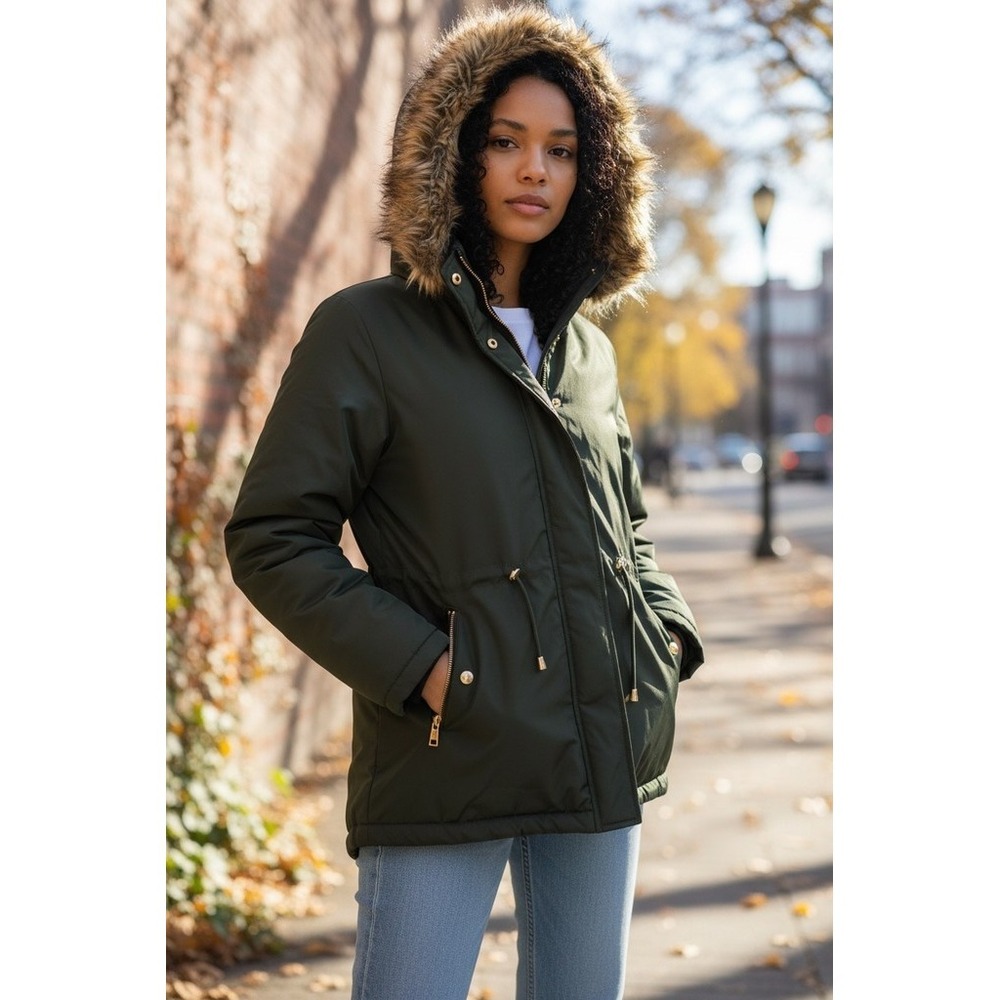Adrienne Vittadini Puffer Jacket Womens Size S Olive Green Hood Faux Fur stadium
